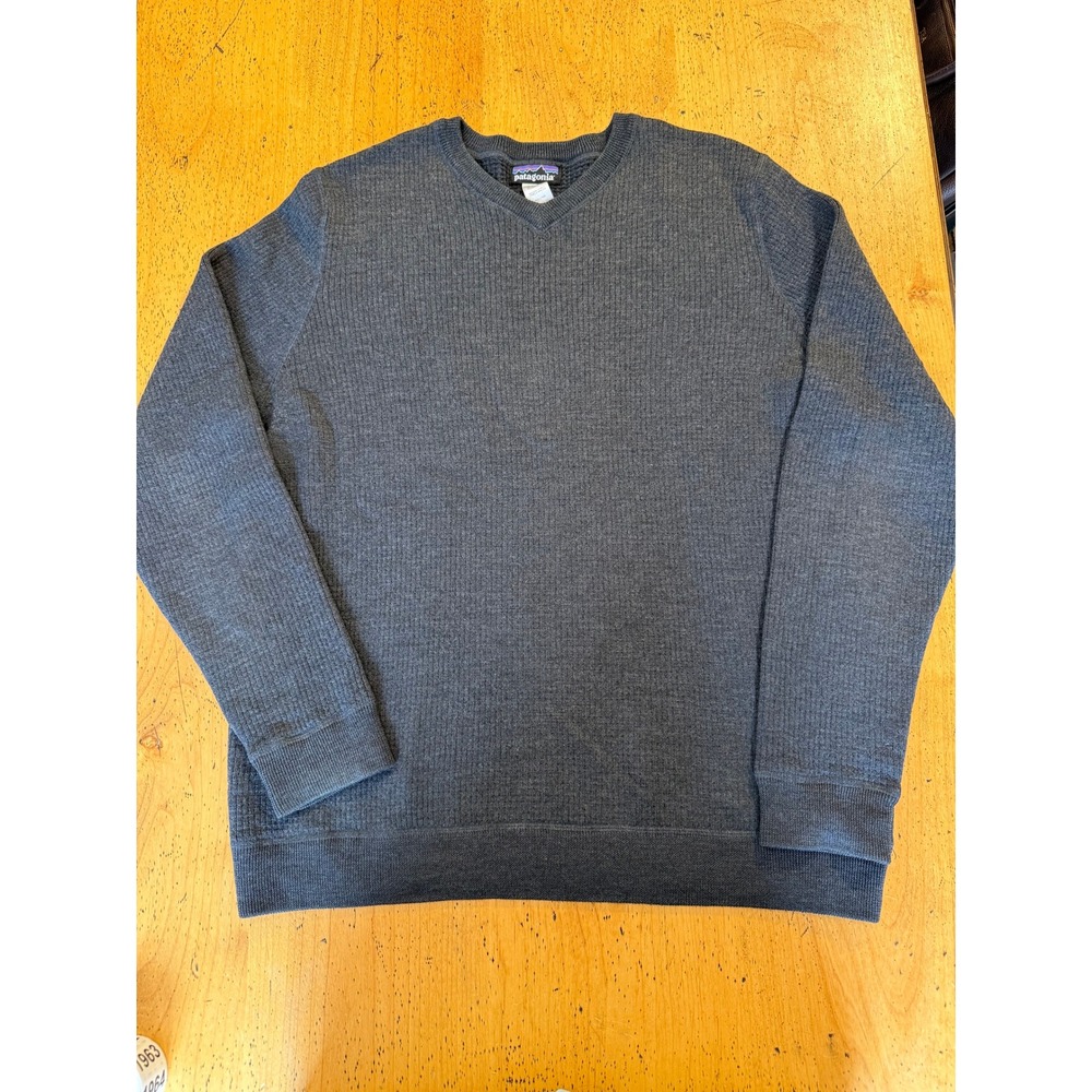 Patagonia Merino Wool XL V-Neck Waffle Knit Sweater Charcoal Grey Mens Pullover